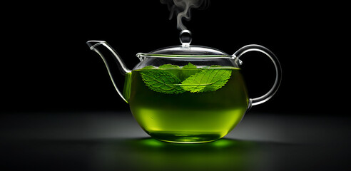 Transparent teapot for brewing with mint leaves with steam on a black background. Generative AI