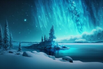 Snowy landscape illuminated by Northern Lights. Blue backdrop with room for text. Generative AI