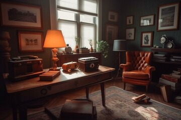 Vintage styled living room captured with a Polaroid camera. Generative AI