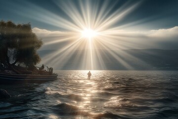 Miracle: Jesus walks on the Sea of Galilee amid radiant beams of light. Generative AI