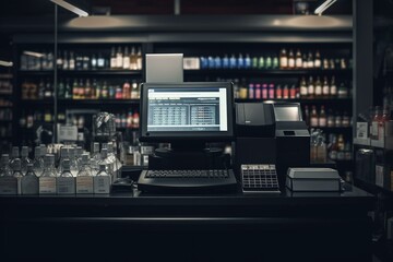 Modern black cash register with empty computer monitor, barcode scanner, and checkout counter in urban supermarket. Generative AI