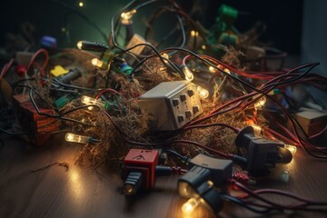 Overloaded outlet with Christmas lights: safety hazard. Generative AI