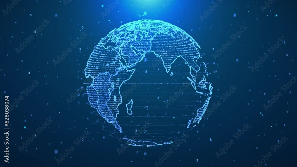 Poster global communication concept, the earth rotating with node and line connection, binary code, futuris