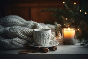 Cozy winter scene featuring a coffee cup, warm knitted scarf, and twigs from a Christmas tree. Generative AI