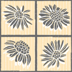 Vector black daisies yellow stripes repeat pattern