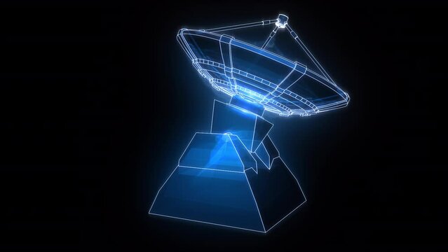 3D wireframe mesh of a satellite antenna tracking system on a transparent background. Looped.