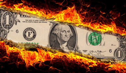 1 US dollar banknote in flame