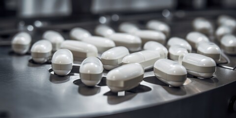 Macro Shot of White Oval Pills on the Assembly Line of a Pill Machine in a Clean, Bright Hospital Ambience, Emphasizing Industrial Mechanics.
