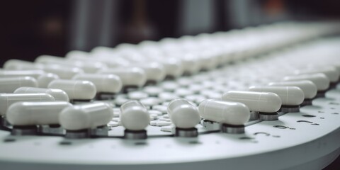 Macro Shot of White Oval Pills on the Assembly Line of a Pill Machine in a Clean, Bright Hospital Ambience, Emphasizing Industrial Mechanics.