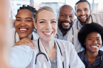 Selfie, portrait and hospital doctors, happy people or surgeon team smile on healthcare, medical...