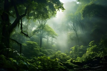 Misty morning in a lush emerald forest, an invitation to wander and wonder.