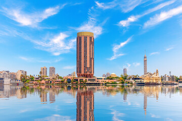 Nile banks and the main landmarks in the central part of Cairo, Egypt