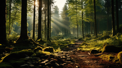 Beautiful sunny morning green forest, Wild Forest morning sunbeam, beautiful forest with the sun shining through, Sunrise inside the forest, sun rays in virgin nature, Old tree in sunrise shining
