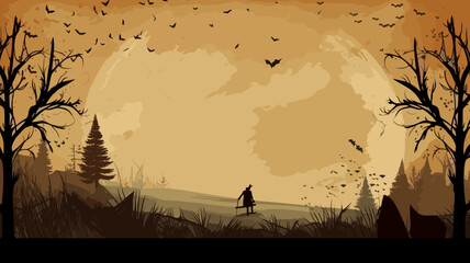 Naklejka premium AI generated. Vector illustration. Background illustration with Halloween theme. Landscape with dead trees and a witch. creepy