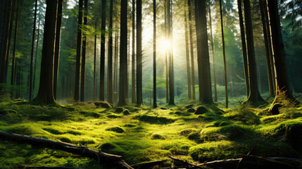 Fototapeta premium Beautiful sunny morning green forest, Wild Forest morning sunbeam, beautiful forest with the sun shining through, Sunrise inside the forest, sun rays in virgin nature, Old tree in sunrise shining