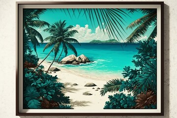 A tropical beachscape with sandy beach, palm trees, and other island in the background, surrounded by blue sea. Generative AI