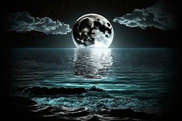 Moonlight reflecting on the sea under the dark sky. Digital artwork. Generative AI