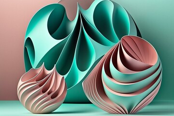 Contemporary 3D design with elegant, rippled forms on a turquoise and pink background. Generative AI