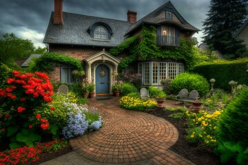 Fototapeta na wymiar Charming upscale home with cobblestone path and vibrant garden. Generative AI