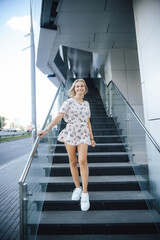 woman walking on stairs