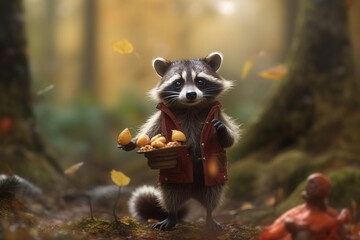 Obraz premium Adventurous Raccoon in Fall Attire Taking a Stroll in the Autumn Forest - AI generated