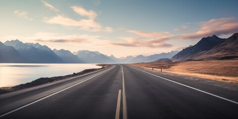 Naklejka premium Mountain landscape. Transportation and travel and adventure concept. Serene countryside road. Highway through beautiful mountain background