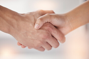 Closeup, shaking hands and people meeting for introduction, agreement and support of deal,...