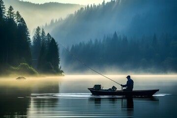 A fisherman enjoying early morning fishing on a serene lake with mist gently rising from the water,...