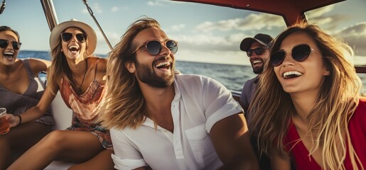 A group of friends thoroughly enjoying a fishing trip on a boat at sea, exemplifying social aspects of recreational fishing and marine adventures