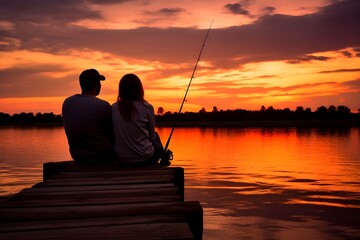 A romantic scene of a couple enjoying a fishing date on a quiet pier at sunset, encapsulating love,...