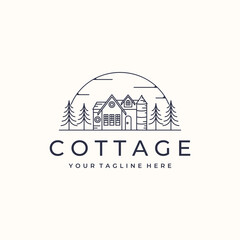 cottage landscape view line art vector minimalist logo illustration design, adventure stay cation cottage logo design
