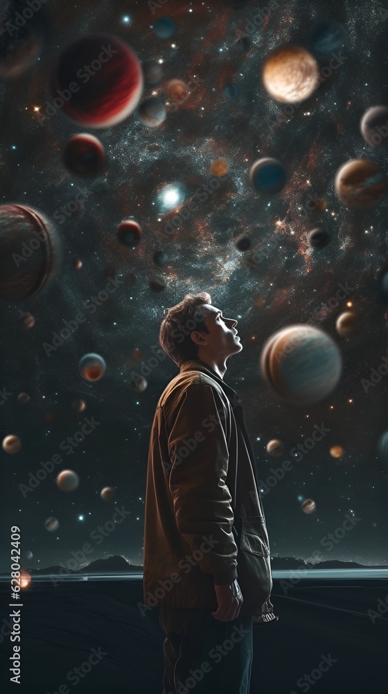 Poster a man standing into the sky, all the planets right next to each other in size order, hyper realistic