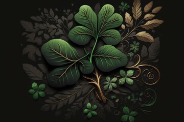 Decorative St. Patrick's Day illustration featuring a black background and a four-leaf clover. Generative AI