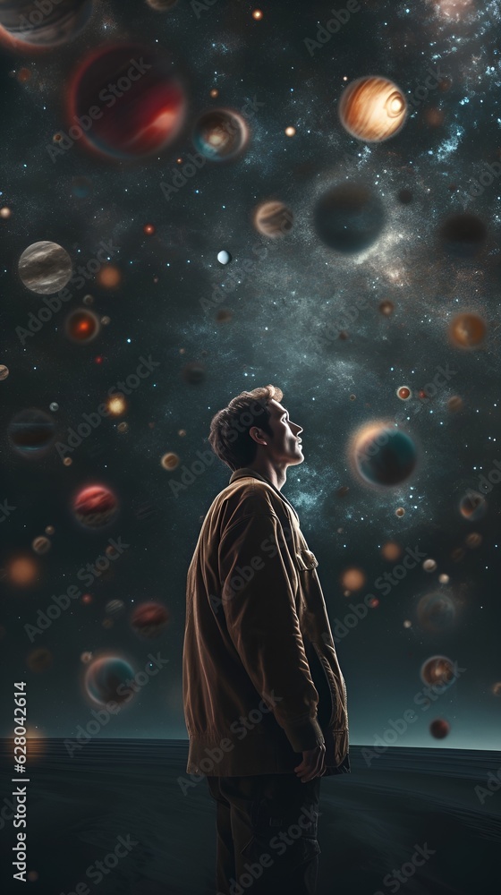 Poster a man standing into the sky, all the planets right next to each other in size order, hyper realistic