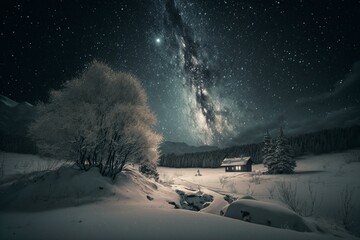 Snowy scene under starry sky. Generative AI