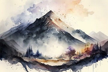 Watercolor mountain landscape. Generative AI