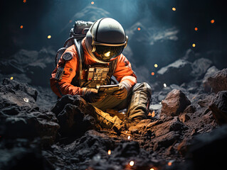 Floating smartphone using astronaut in the outer space. Generative AI