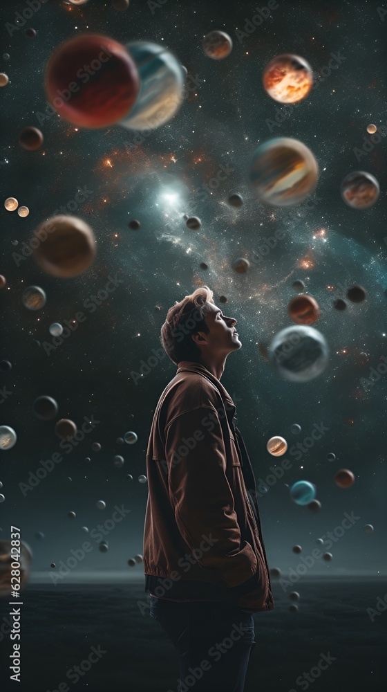 Poster a man standing into the sky, all the planets right next to each other in size order, hyper realistic