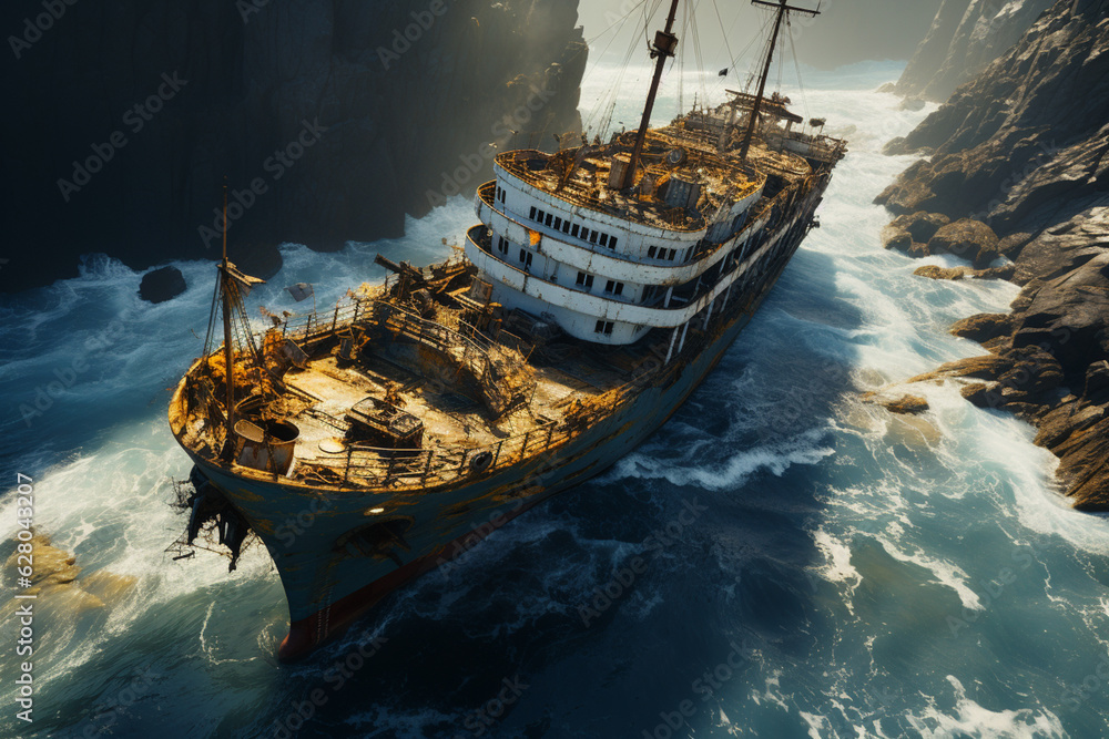 Fototapete shipwreck emerging from a misty ocean, surrounded by rocky cliffs and foaming waves, adding an eleme