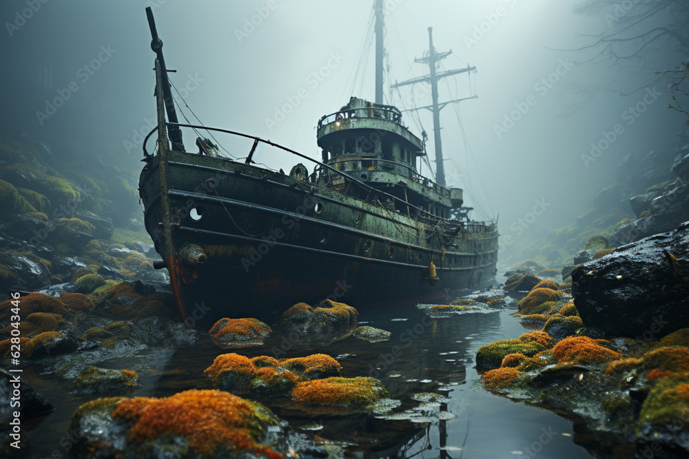 Leinwandbilder a shipwreck emerging from a misty, foggy backdrop, conveying a sense of isolation and mystery surrou