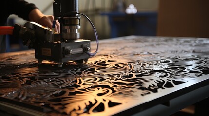 Fototapeta na wymiar Production process laser cutting of metal. Generative AI