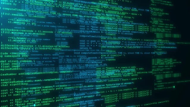 4K Digital Binary Programming code running over computer screen terminal, hacking concept. hackers Internet. Cyber attack. computer screen program code warning of a detected malware script program.