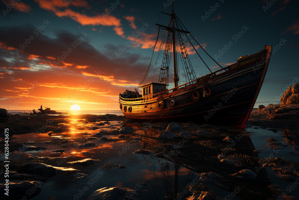 Poster shipwreck at night, with star trails streaking across the sky, emphasizing the stillness and timeles