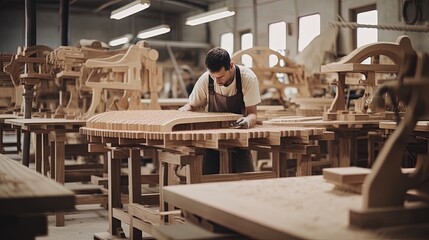 Fototapeta na wymiar Manufacturing process of wood furniture. Generative AI