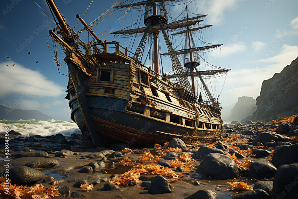 Fototapete a shipwreck photographed from a low angle, accentuating its grandeur and scale against the backdrop 