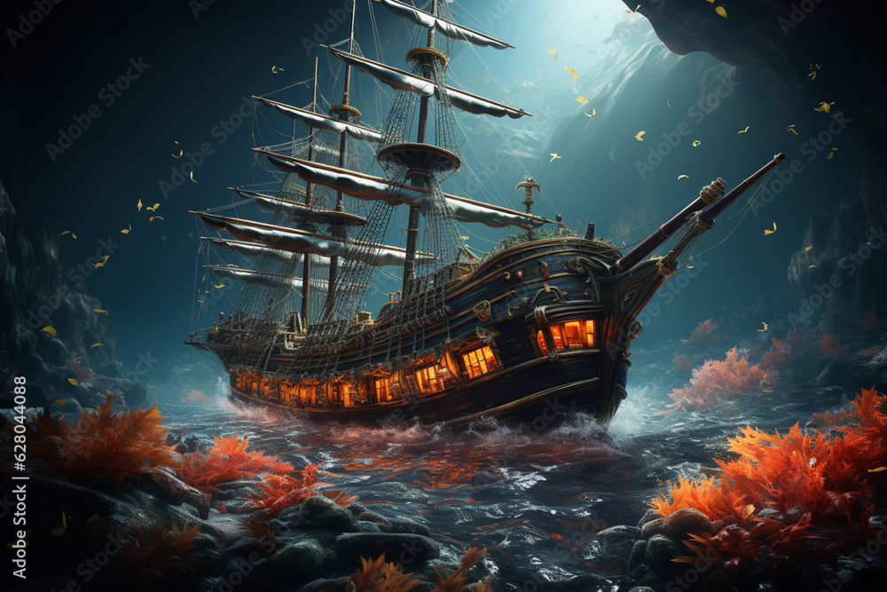 Leinwandbilder a shipwreck illuminated by underwater lights, casting an ethereal glow on its surroundings and revea