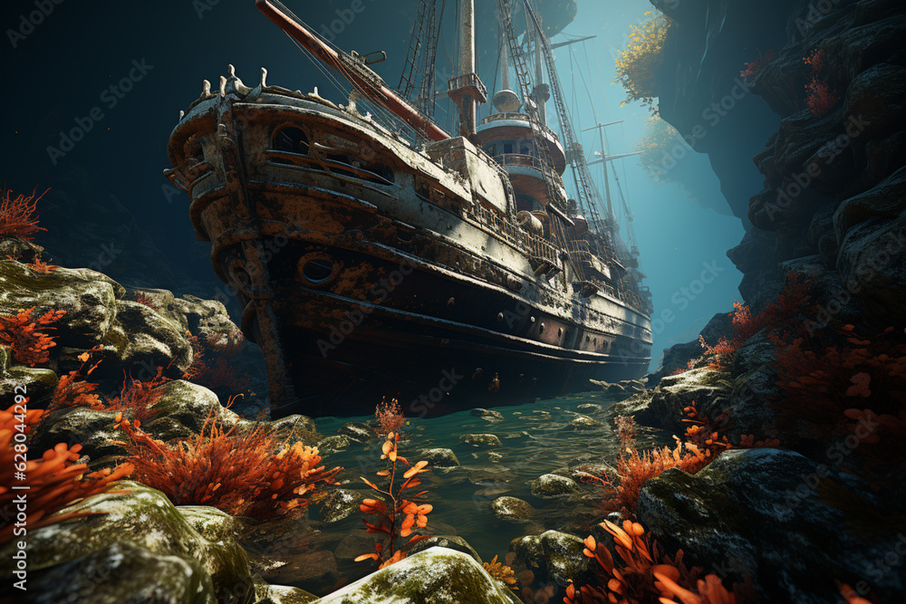 Fototapete a shipwreck adorned with colorful marine growth and surrounded by a vibrant array of fish, generativ