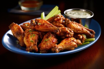 Illustration of a blue plate with chicken wings and celery, created using generative AI