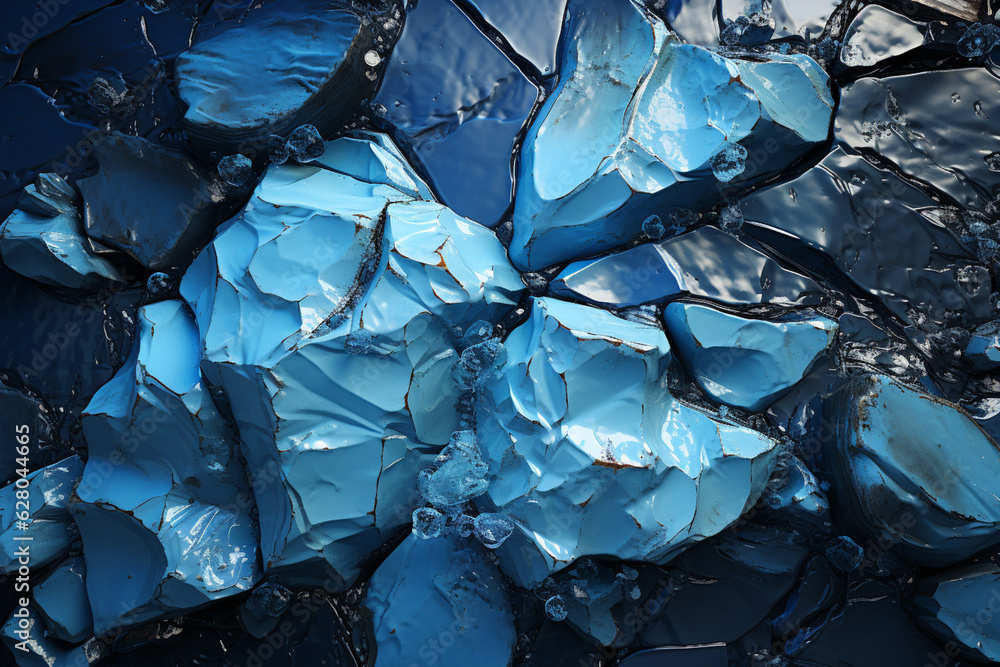Poster a close-up shot of an iceberg's textured surface, revealing intricate patterns and hues of blue, con