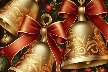 Repeating design of shining golden bells and scarlet ribbon brings merry cheer to the season. Generative AI